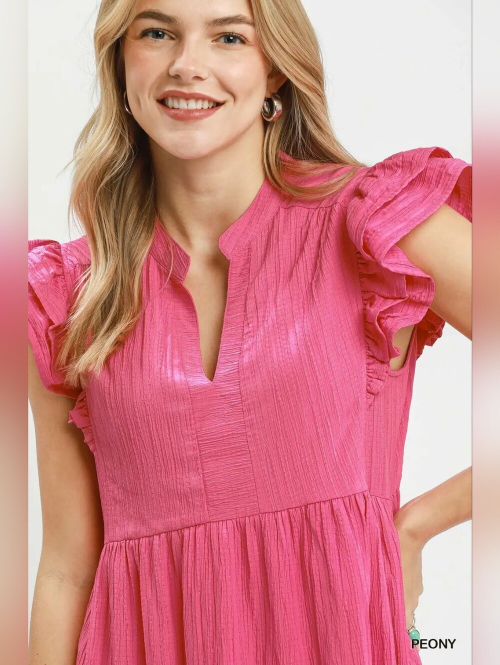 Umgee Ruffle Sleeve Babydoll Dress- Peony Pink- Fast Shipping!! - Picture 2 of 7